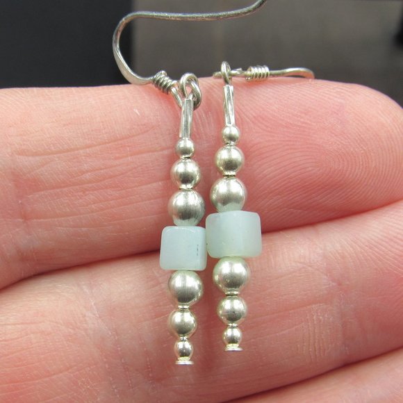 Jewelry - Sterling Silver Small Green Cube Stone Dangle Earrings Vintage